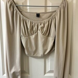Beige Long Sleeve Off-Shoulder Top